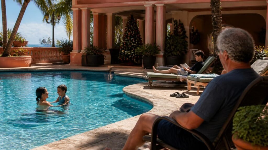 Parent and child swimming while a teen reads and an older adult relaxes beside a tropical pool with a Christmas tree nearby.