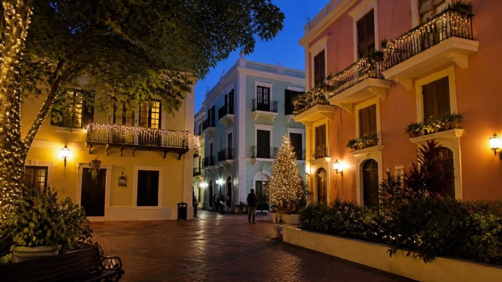 Colorful colonial buildings with illuminated balcony garlands surrounding a plaza with a Christmas tree at dusk.