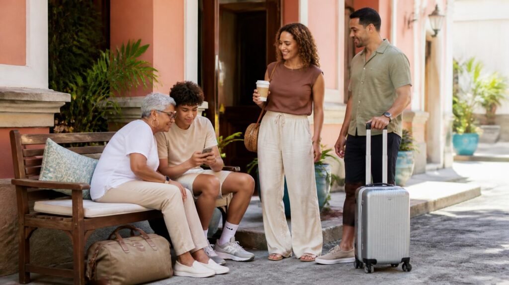 A grandmother and teen look at a phone on a bench while two parents stand nearby with coffee and luggage outside a coral-colored hotel.