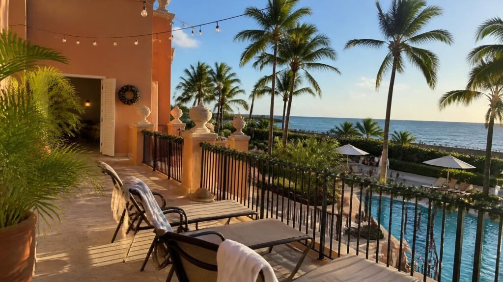 Tropical hotel terrace with lounge chairs, a holiday wreath, and string lights overlooking a palm-lined pool and ocean.