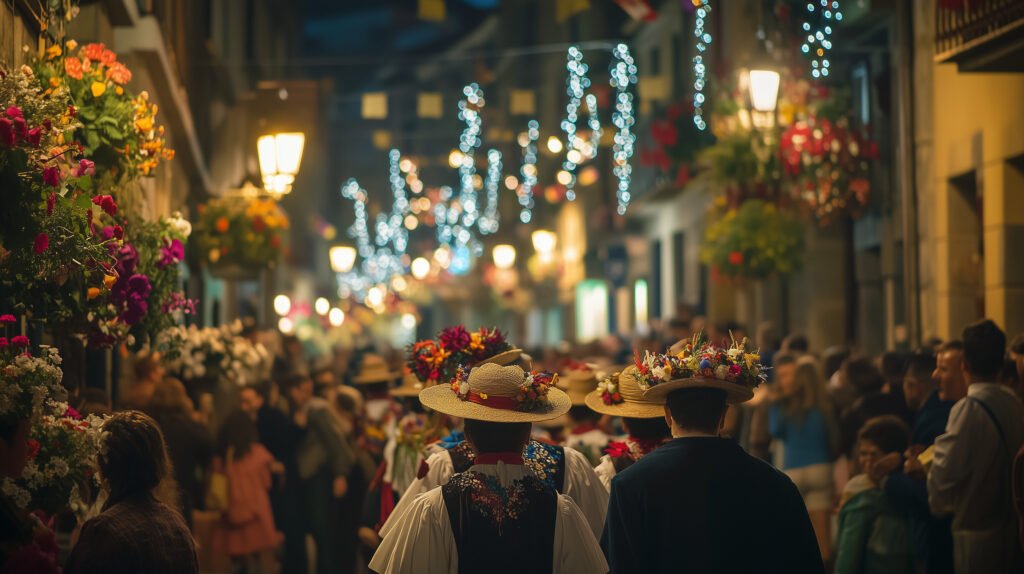Participants wearing flower-decorated straw hats amid a crowded street illuminated by festive lights at night.